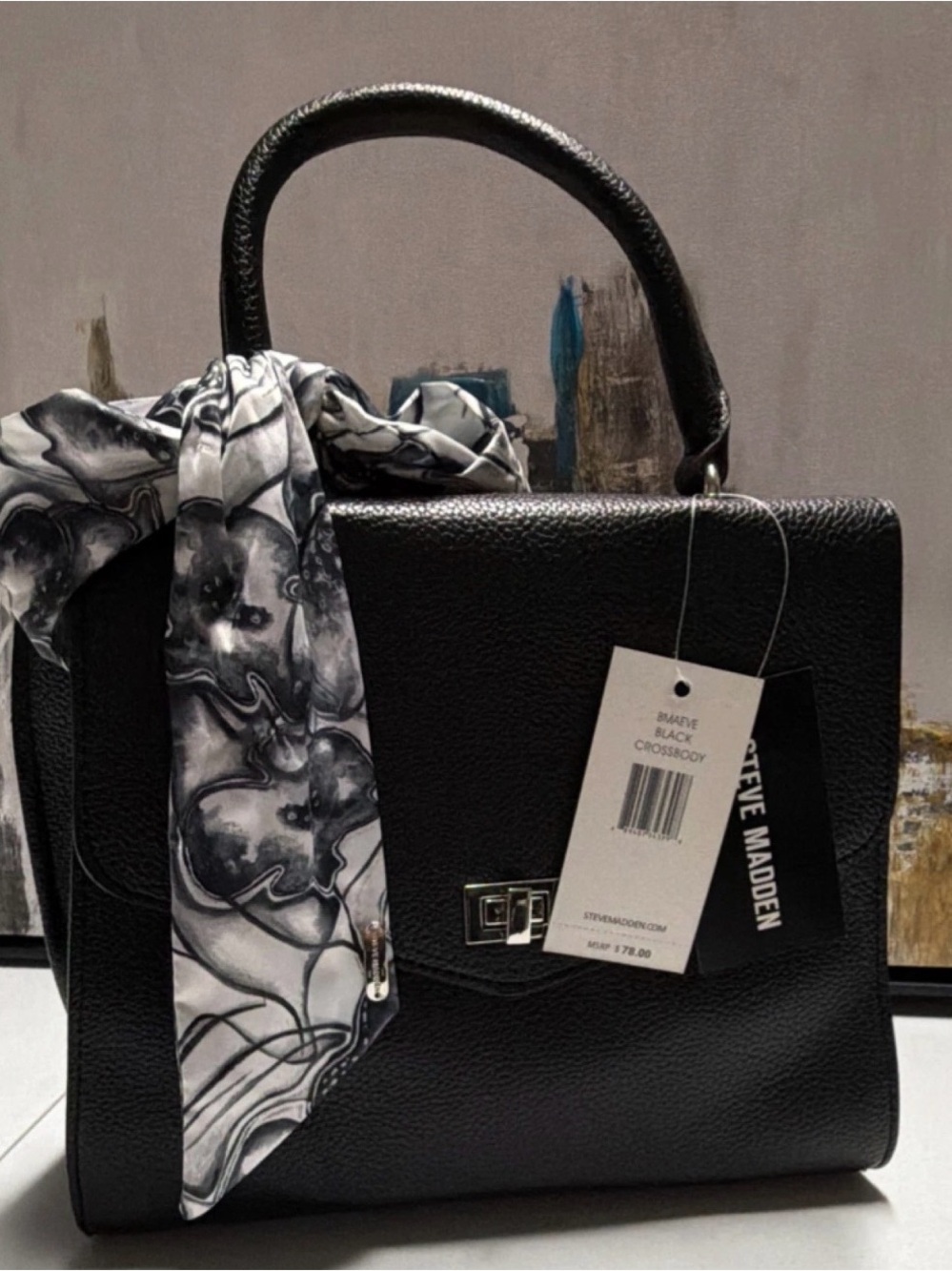 Steve Madden Black Pebbled Top-Handle Satchel with Monochrome Scarf